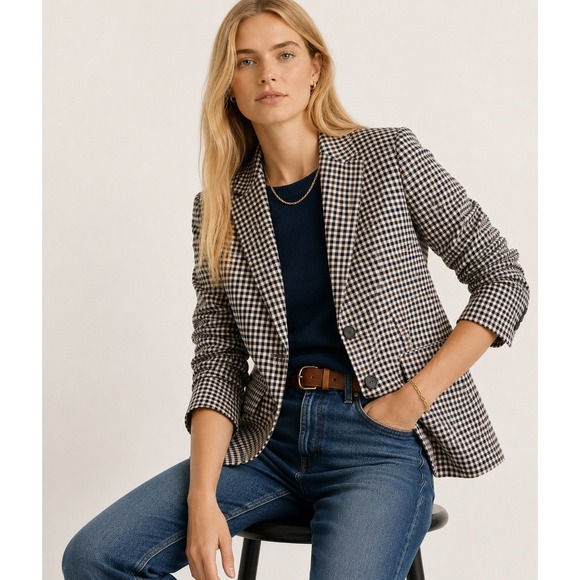 J. Crew Jackets & Blazers - J.Crew Boyfriend Blazer Plaid Italian Stretch Wool Blazer Jacket 4‎ Navy Brown